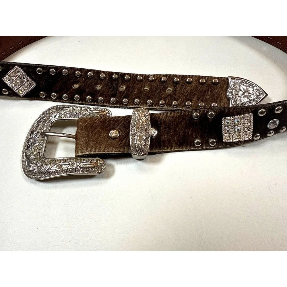 Handcrafted Leather Cowhide Belt Western Style Rhinestones Floral Buckle Design
